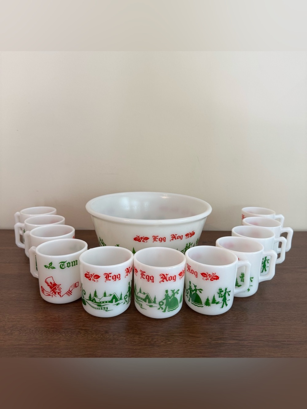 Vintage Hazel Atlas Milk Glass Egg Nog Serving Set Bowl And 11 Cups